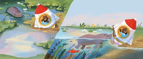 Illustration of otters playing near a river with festive hats by Tatsiana Burgaud