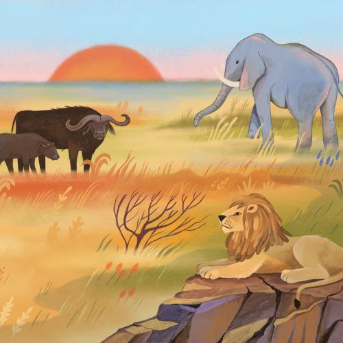 Savannah animals including elephant, lion, and buffalo at sunset by Tatsiana Burgaud