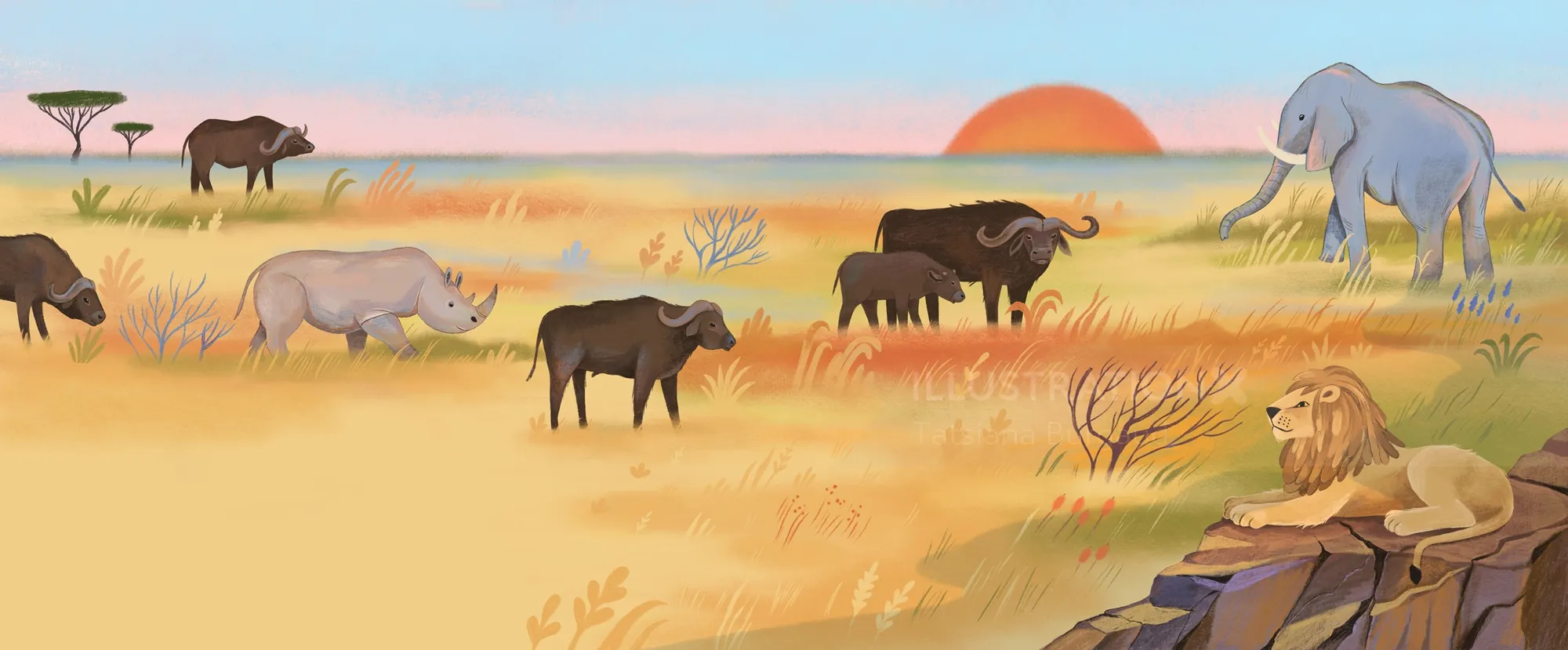 Savannah animals including elephant, lion, and buffalo at sunset by Tatsiana Burgaud
