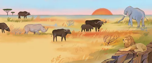 Savannah animals including elephant, lion, and buffalo at sunset by Tatsiana Burgaud