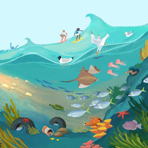 Underwater ocean scene with colorful sea creatures and people on shore by Tatsiana Burgaud
