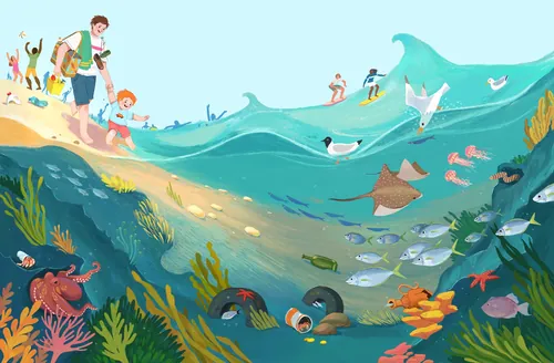 Underwater ocean scene with colorful sea creatures and people on shore by Tatsiana Burgaud