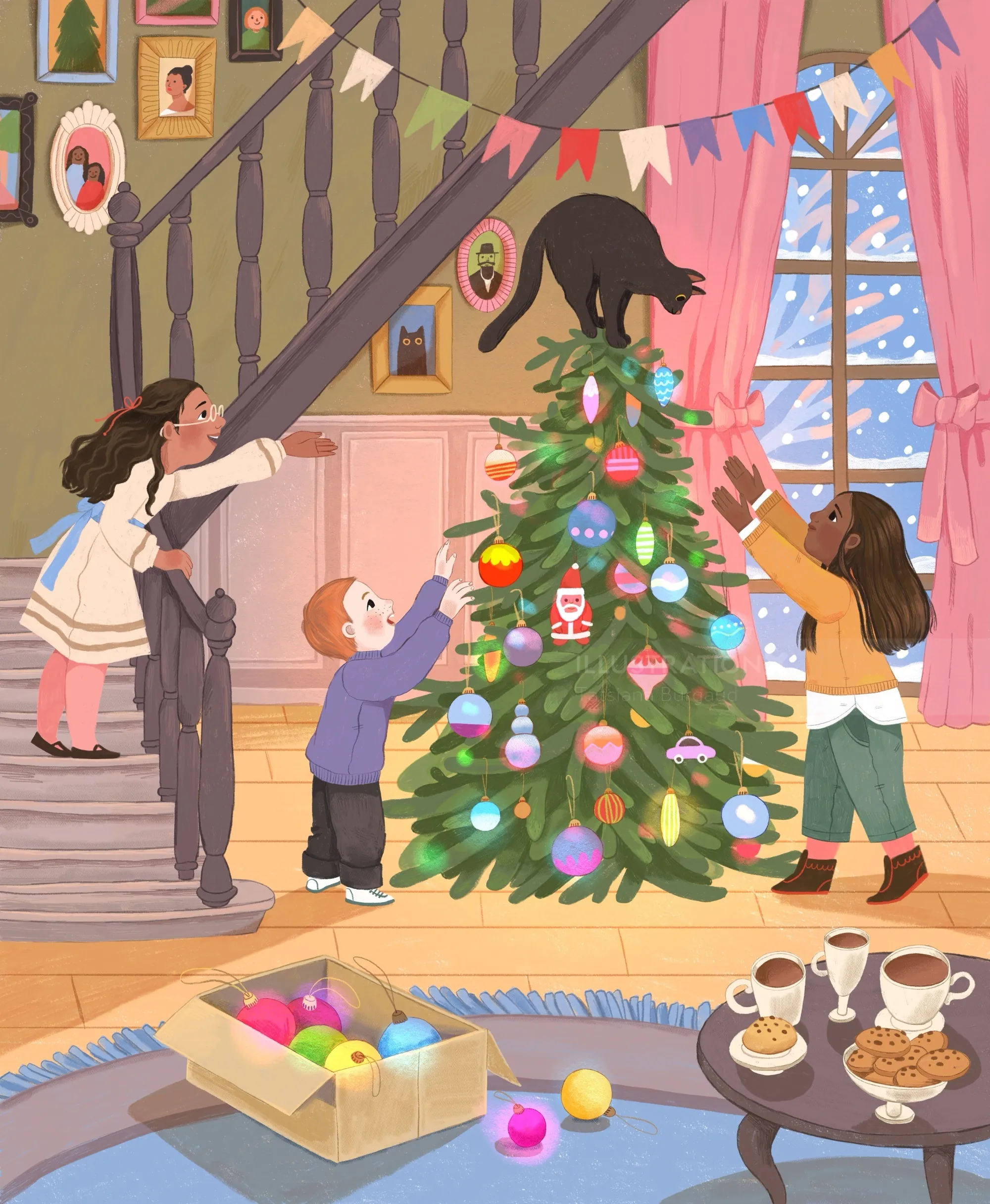 Children and cat decorating a Christmas tree in cozy living room by Tatsiana Burgaud