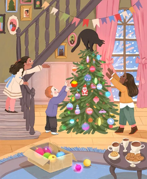 Children and cat decorating a Christmas tree in cozy living room by Tatsiana Burgaud