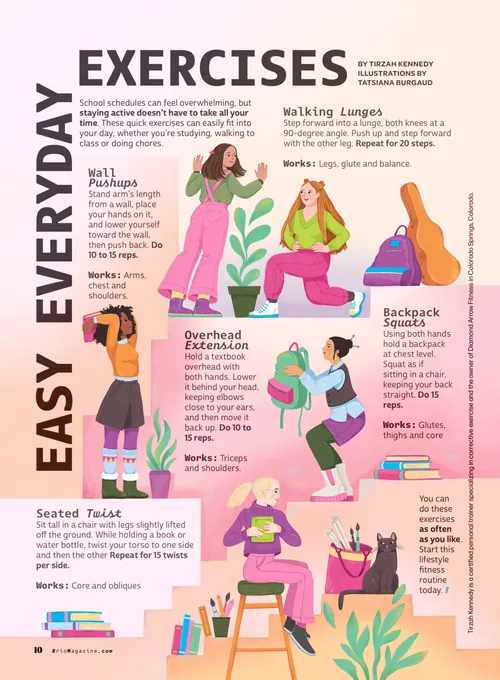Illustration showing easy daily exercises by Tatsiana Burgaud