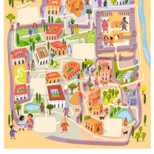 Maze game showing old Jerusalem map with people and buildings by Tatsiana Burgaud