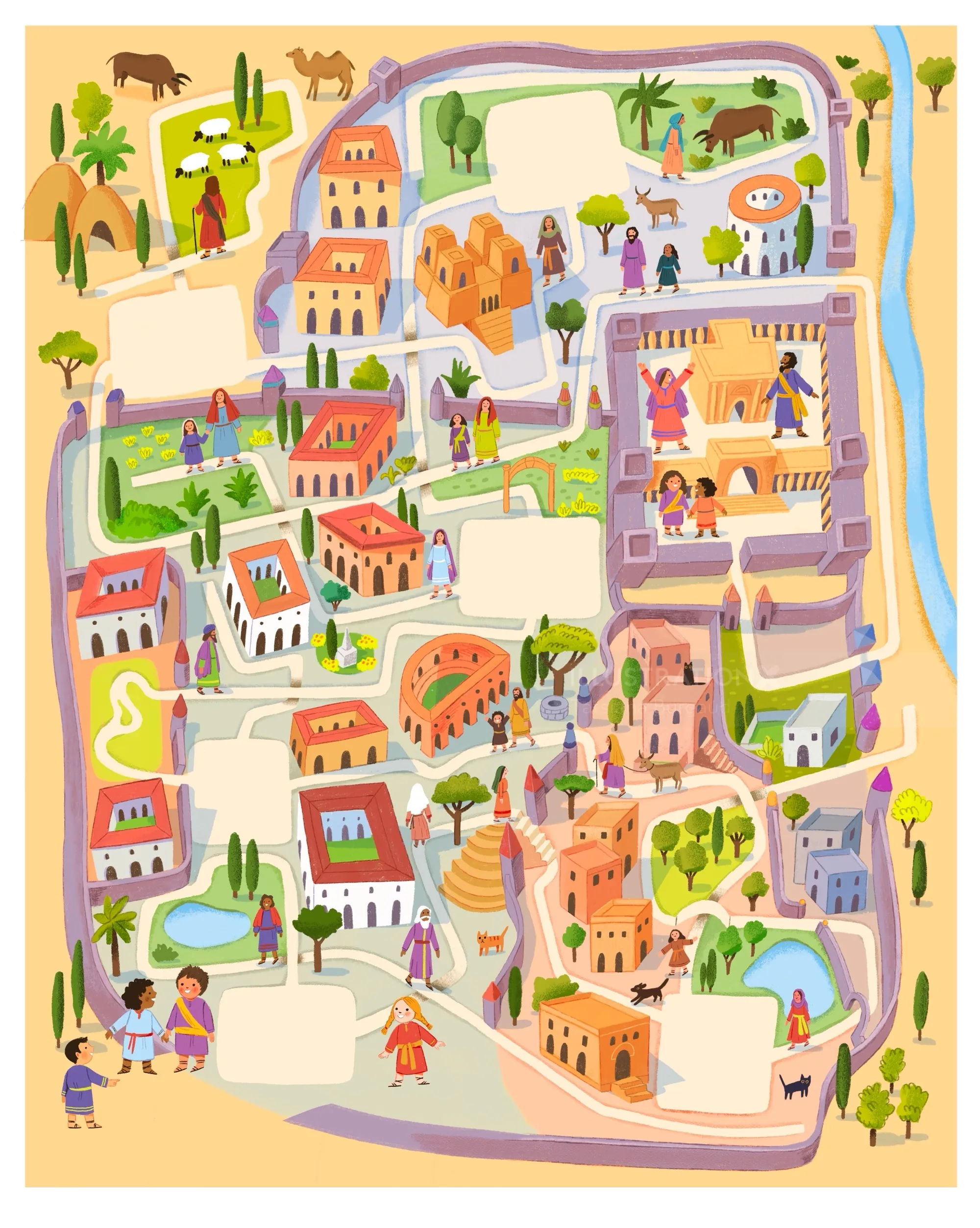 Maze game showing old Jerusalem map with people and buildings by Tatsiana Burgaud