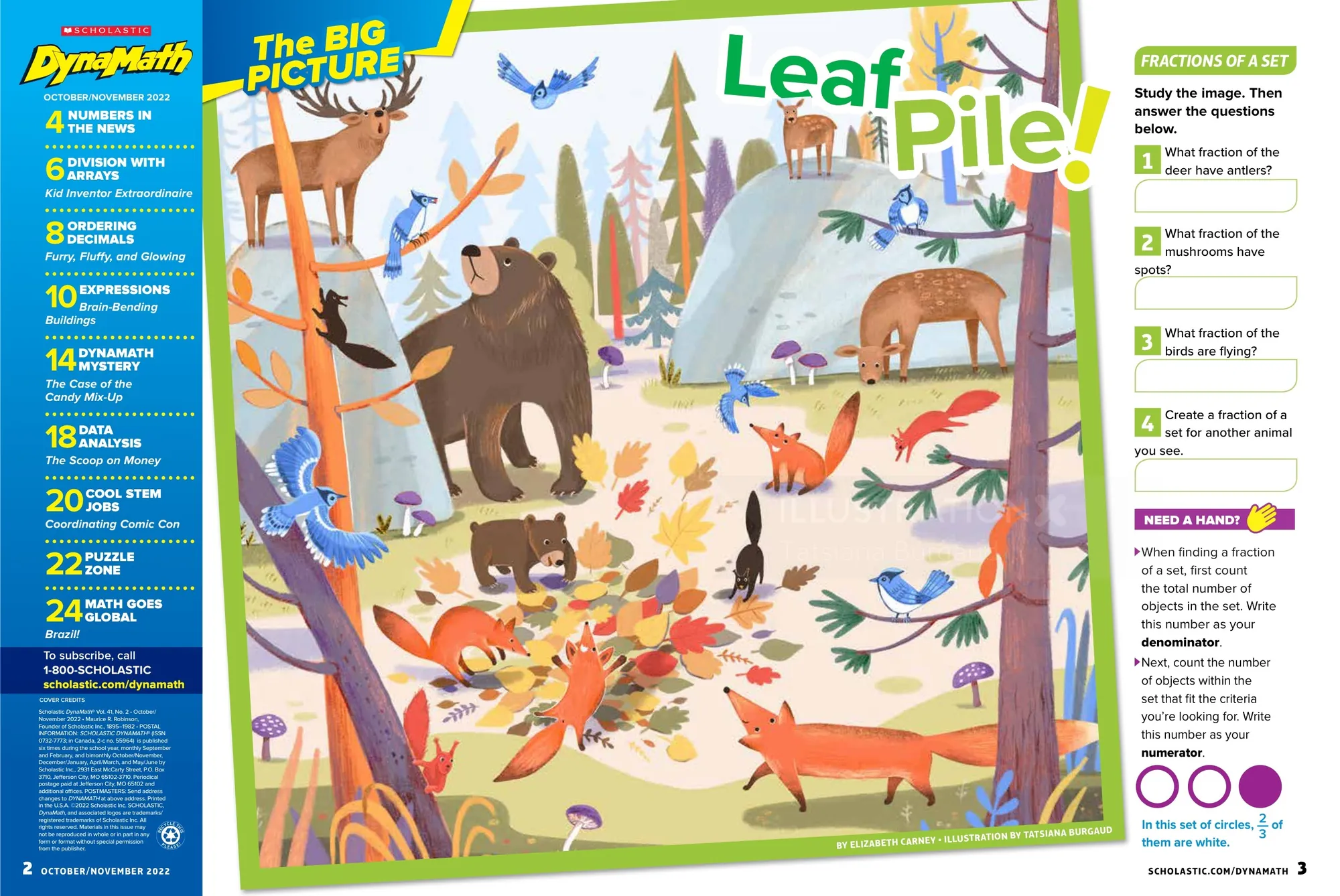 Colorful forest animals with math questions by Tatsiana Burgaud