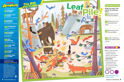 Colorful forest animals with math questions by Tatsiana Burgaud
