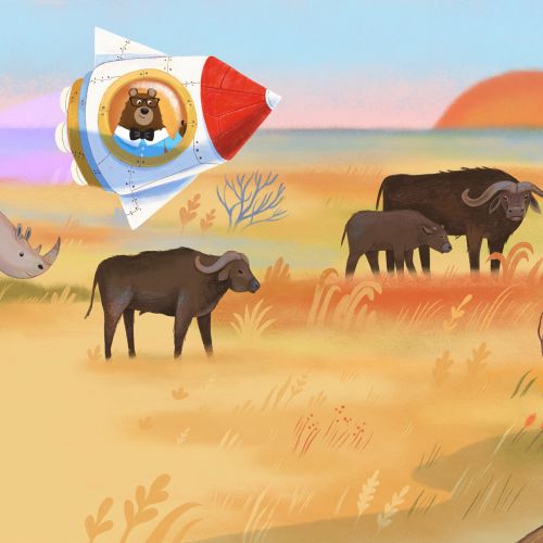 Safari animals and a rocket flying over savannah, illustrated by Tatsiana Burgaud