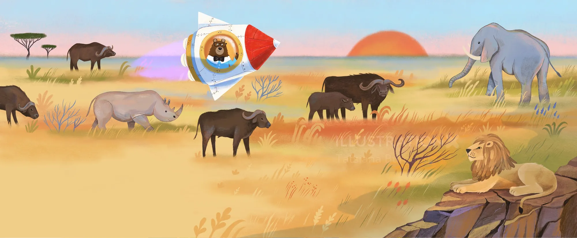 Safari animals and a rocket flying over savannah, illustrated by Tatsiana Burgaud