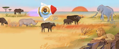 Safari animals and a rocket flying over savannah, illustrated by Tatsiana Burgaud