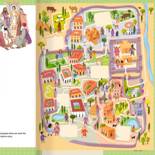 Illustrated biblical town map showing Jesus teaching and people, by Tatsiana Burgaud