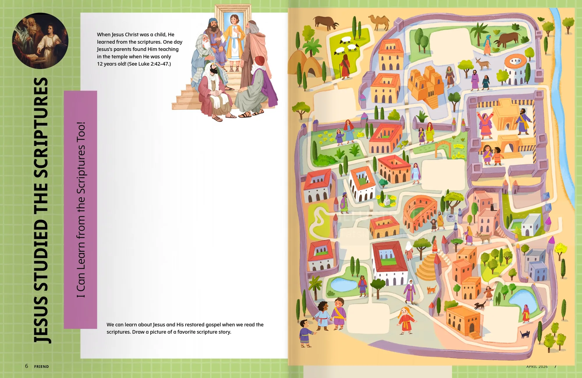 Illustrated biblical town map showing Jesus teaching and people, by Tatsiana Burgaud