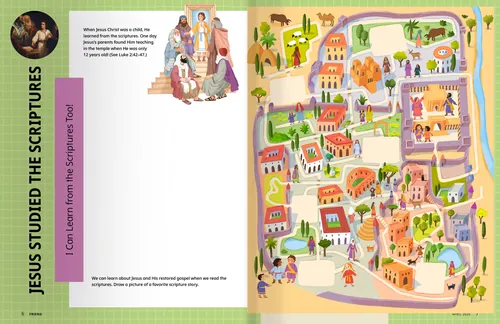 Illustrated biblical town map showing Jesus teaching and people, by Tatsiana Burgaud