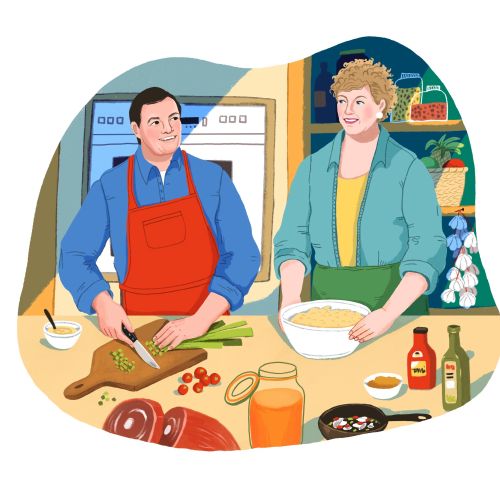 Illustration of Jacques Pepin cooking with another person by Tatsiana Burgaud