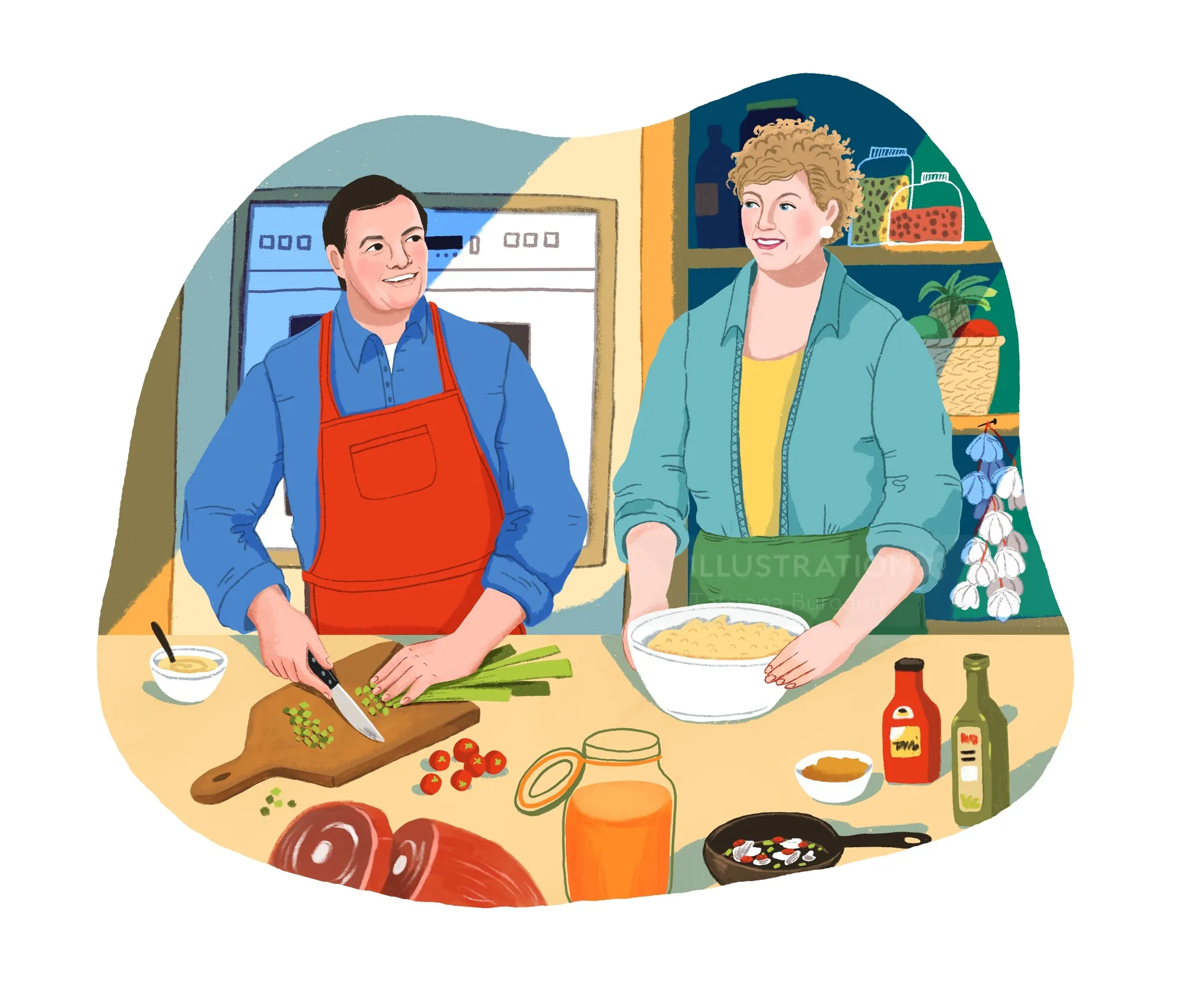 Illustration of Jacques Pepin cooking with another person by Tatsiana Burgaud