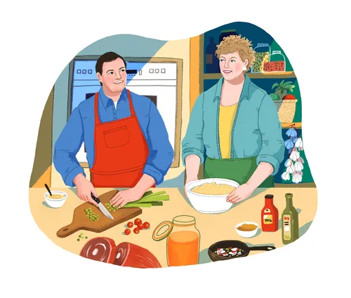 Ilustración de Jacques Pepin cocinando con otra persona por Tatsiana Burgaud