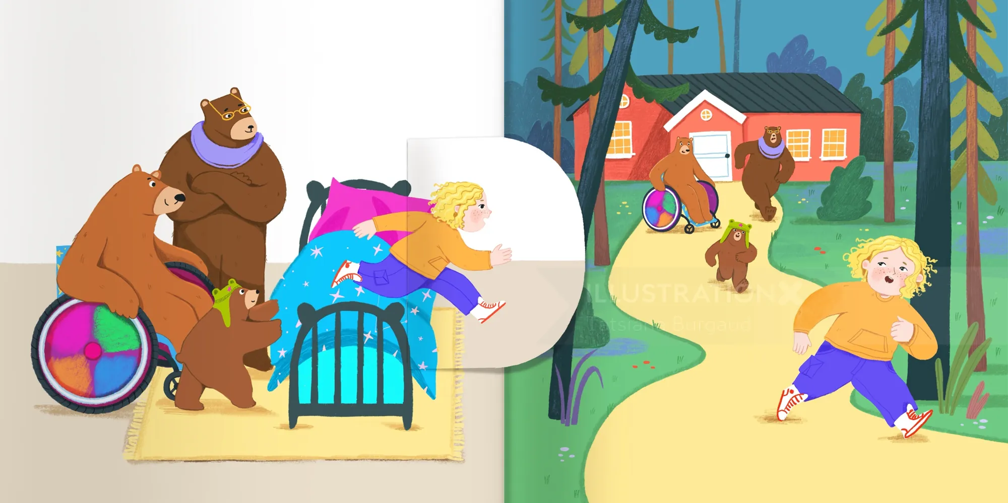 Illustration of Goldilocks running from three bears, artwork by Tatsiana Burgaud