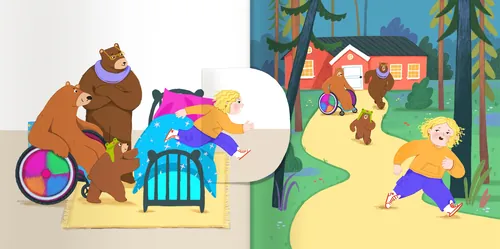 Illustration of Goldilocks running from three bears, artwork by Tatsiana Burgaud