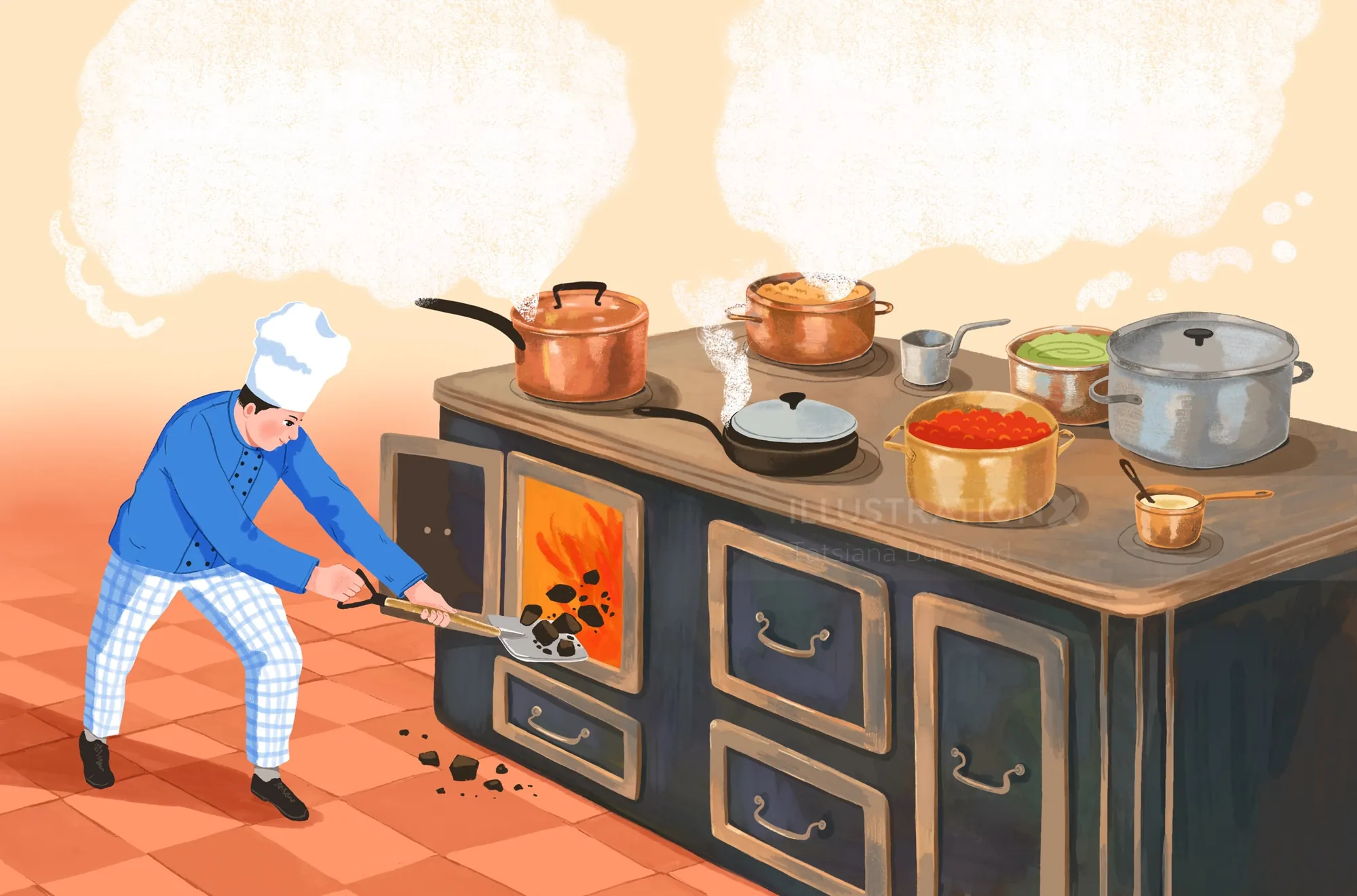 Chef cooking at vintage stove with various pots and pans by Tatsiana Burgaud