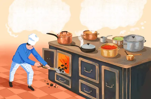 Chef cooking at vintage stove with various pots and pans by Tatsiana Burgaud