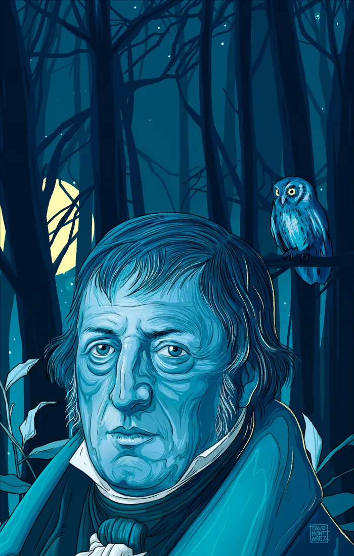 Illustration of G.W.F. Hegel with owl in dark forest at night