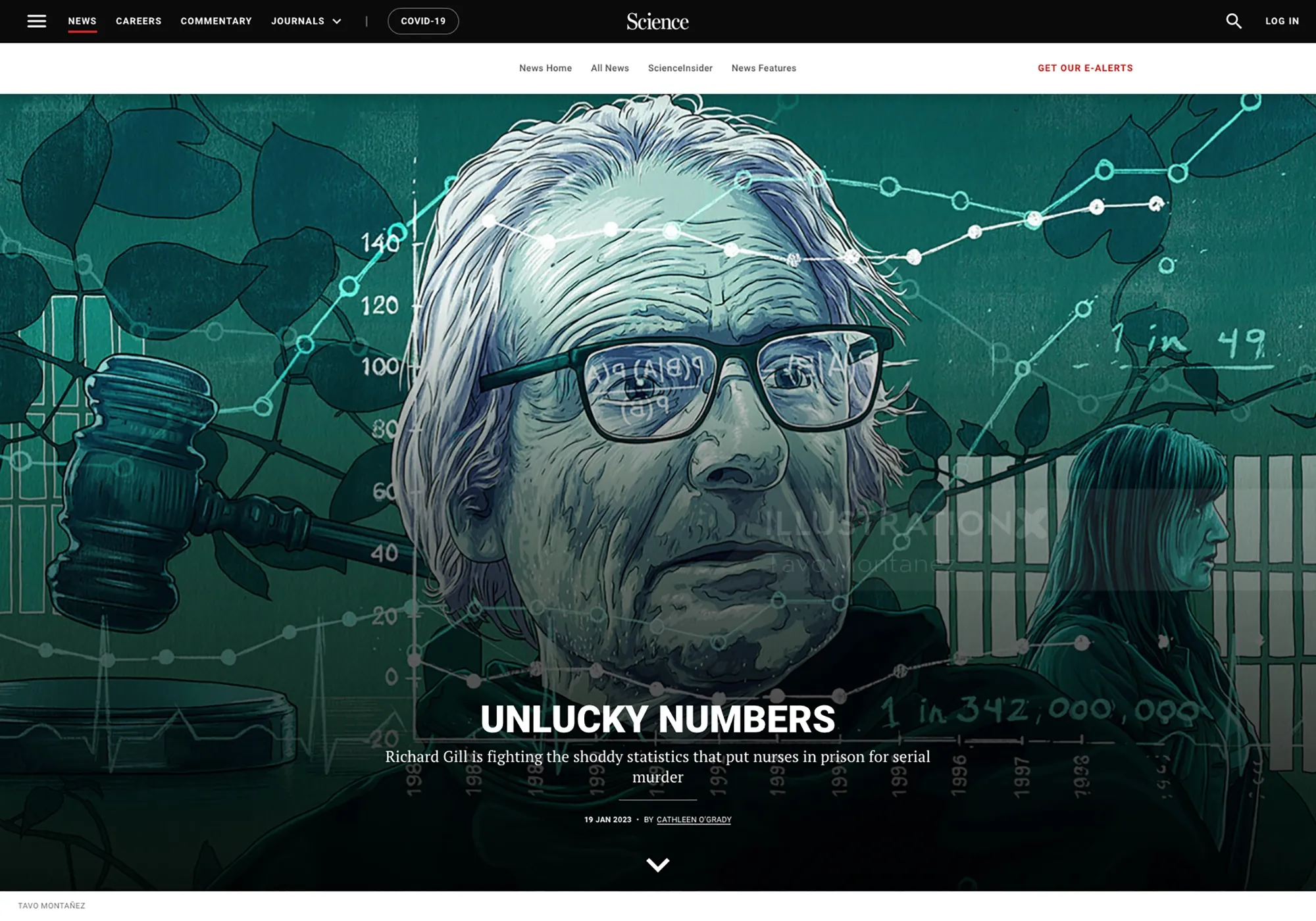 Illustration of an elderly man with glasses surrounded by formulas and people