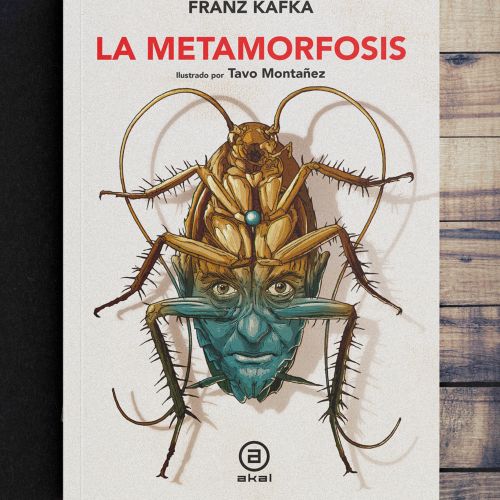 Book cover showing a human face merging with a large insect illustration