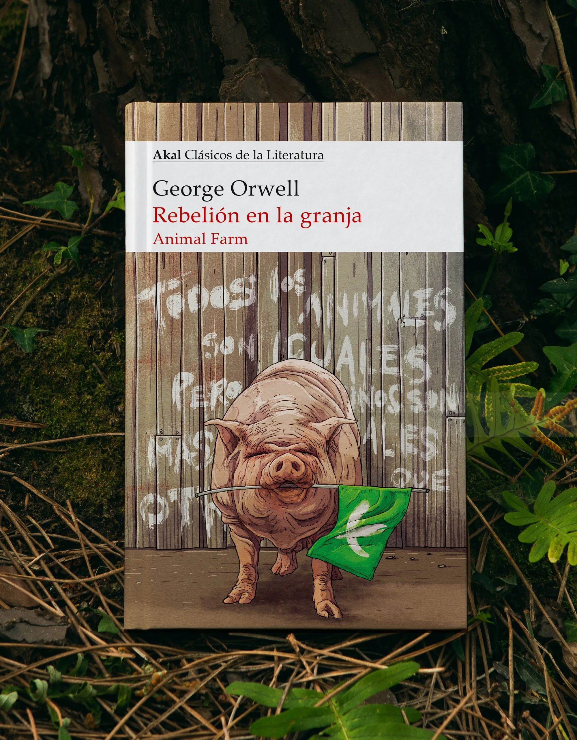 Book cover of Animal Farm with pig illustration and wooden fence background