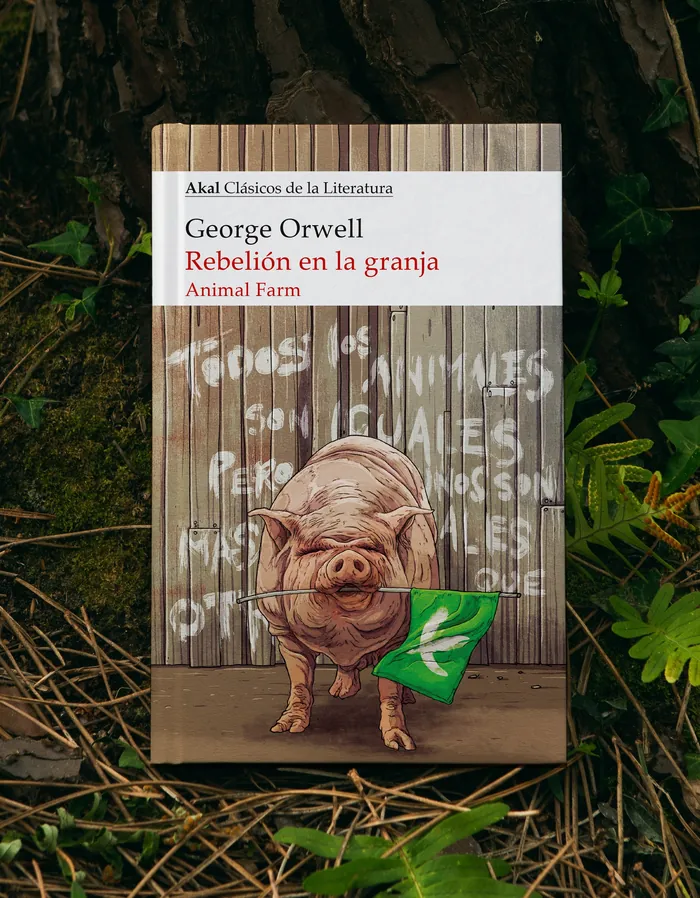 Book cover of Animal Farm with pig illustration and wooden fence background