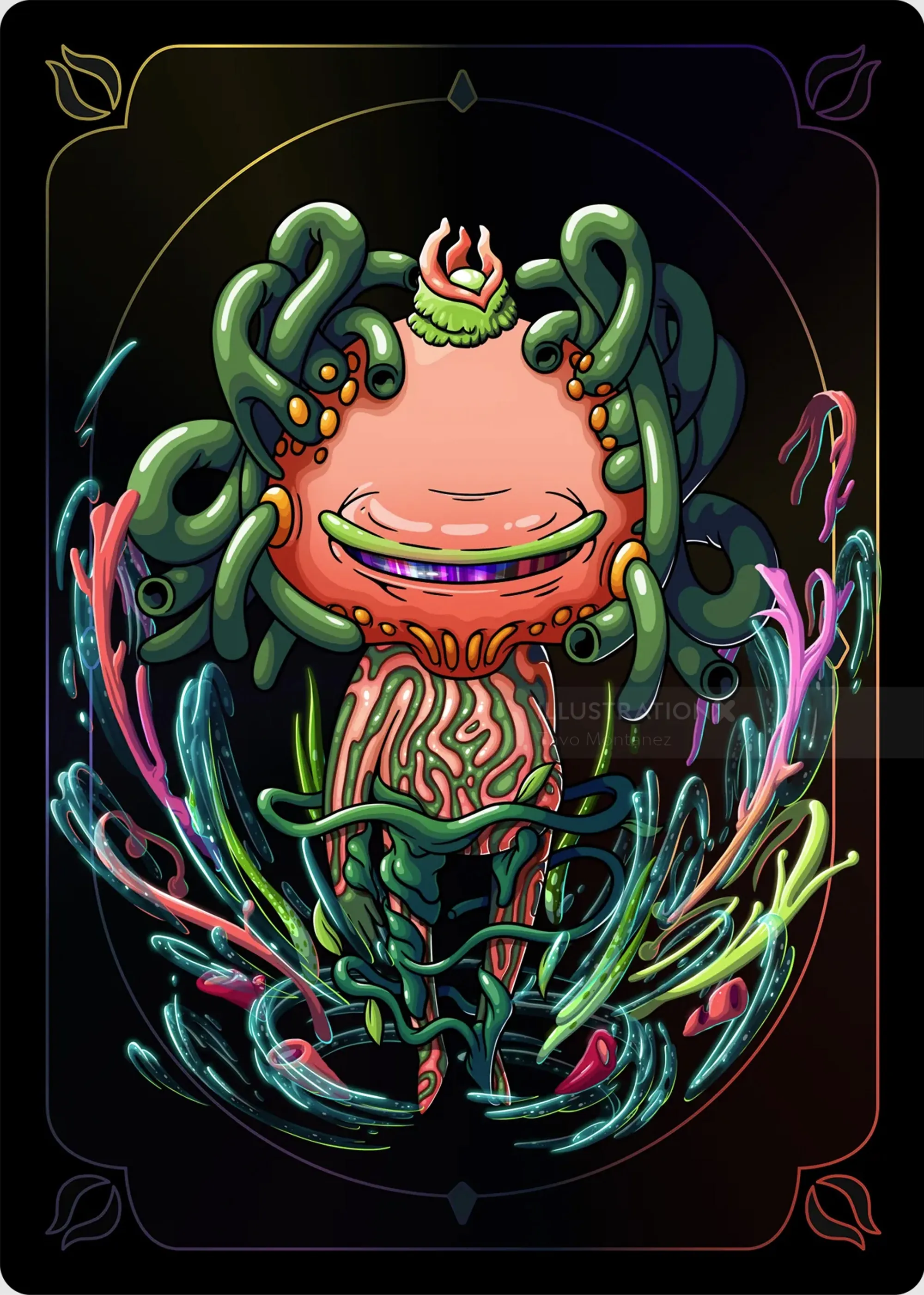 Colorful monster with tentacles and floral elements in dark background