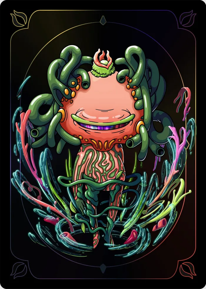 Colorful monster with tentacles and floral elements in dark background