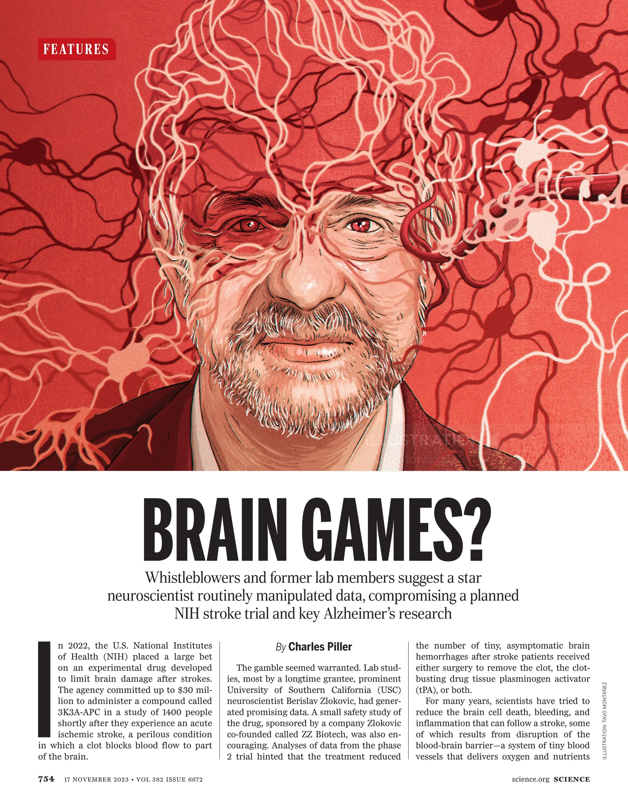Illustration of man with neural pathways over red background