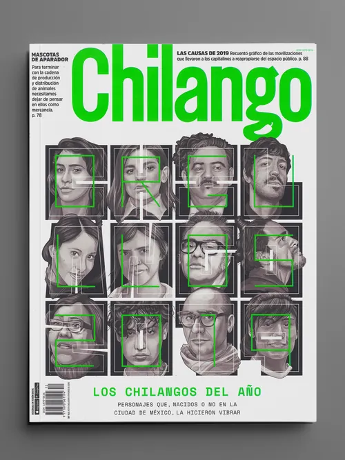 Cover of Chilango magazine featuring portraits of people in green square frames