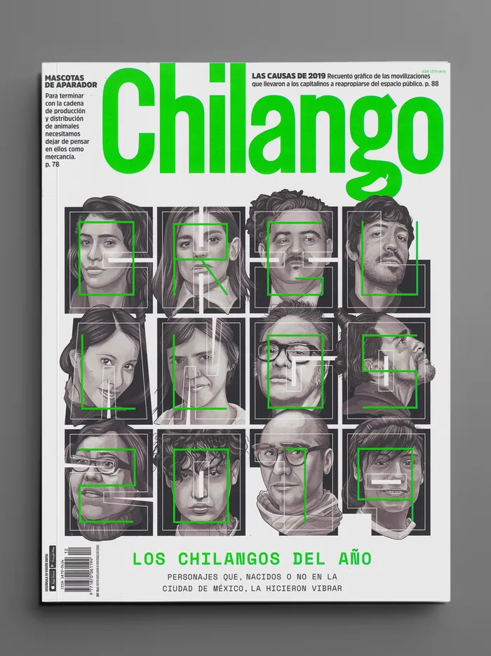 Cover of Chilango magazine featuring portraits of people in green square frames
