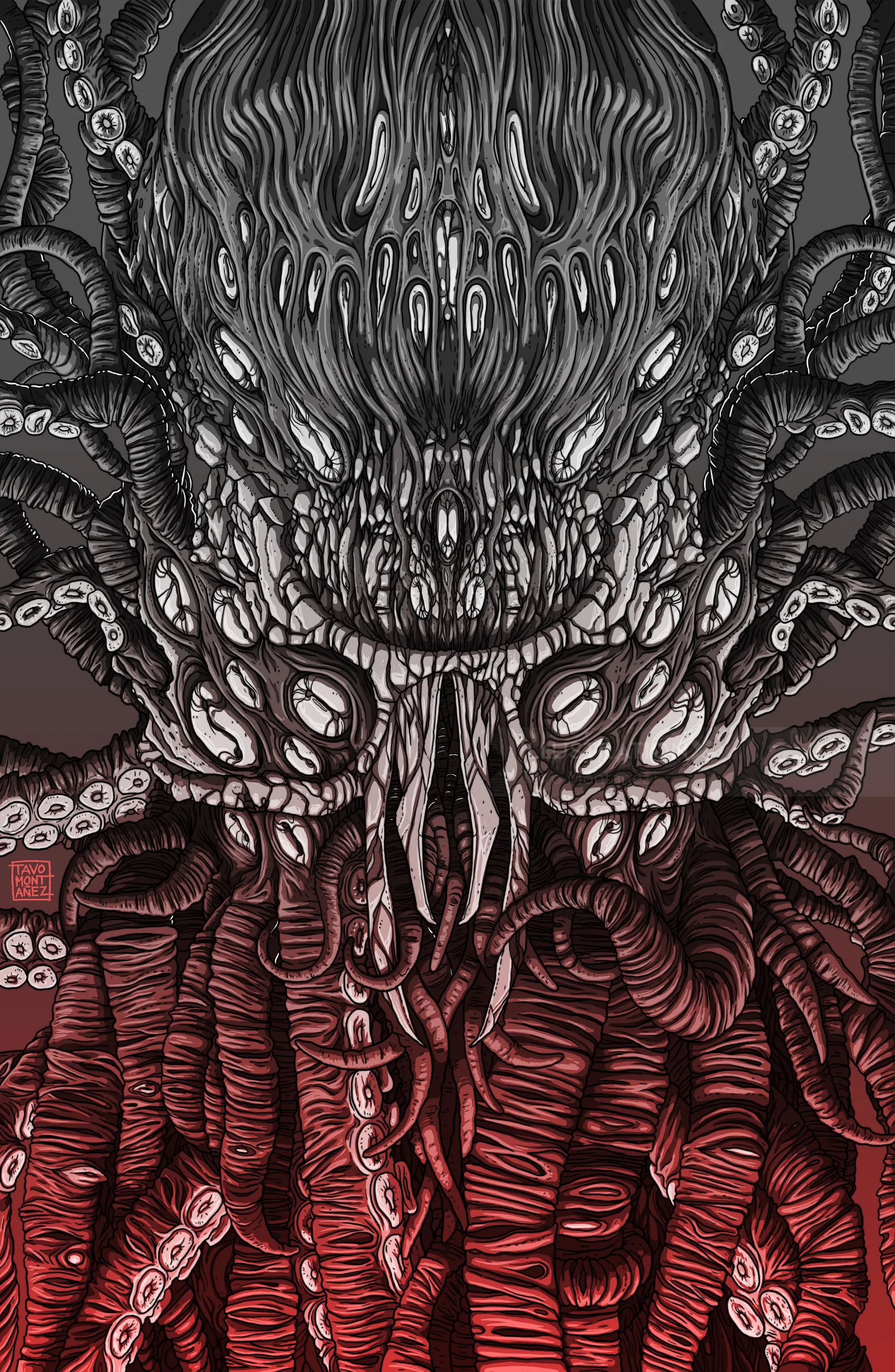 Dark detailed illustration of monstrous tentacled creature from The Call of Cthulhu