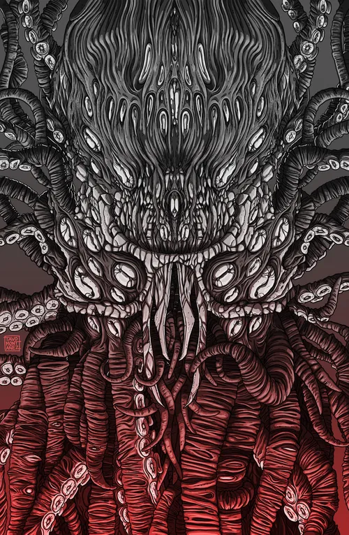 Dark detailed illustration of monstrous tentacled creature from The Call of Cthulhu