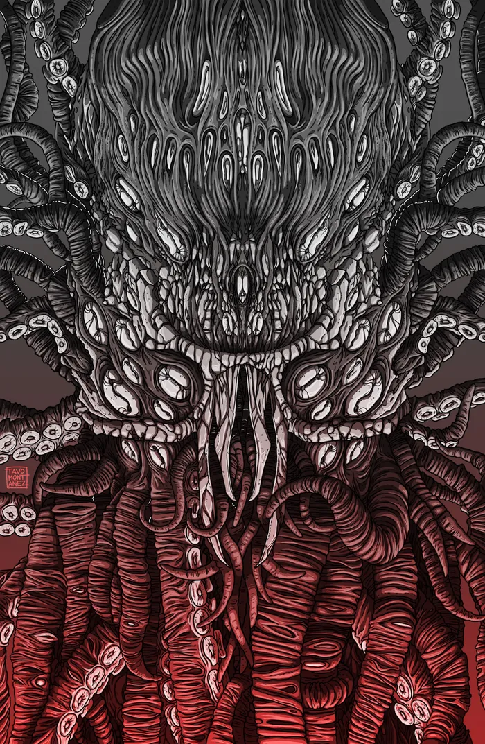 Dark detailed illustration of monstrous tentacled creature from The Call of Cthulhu