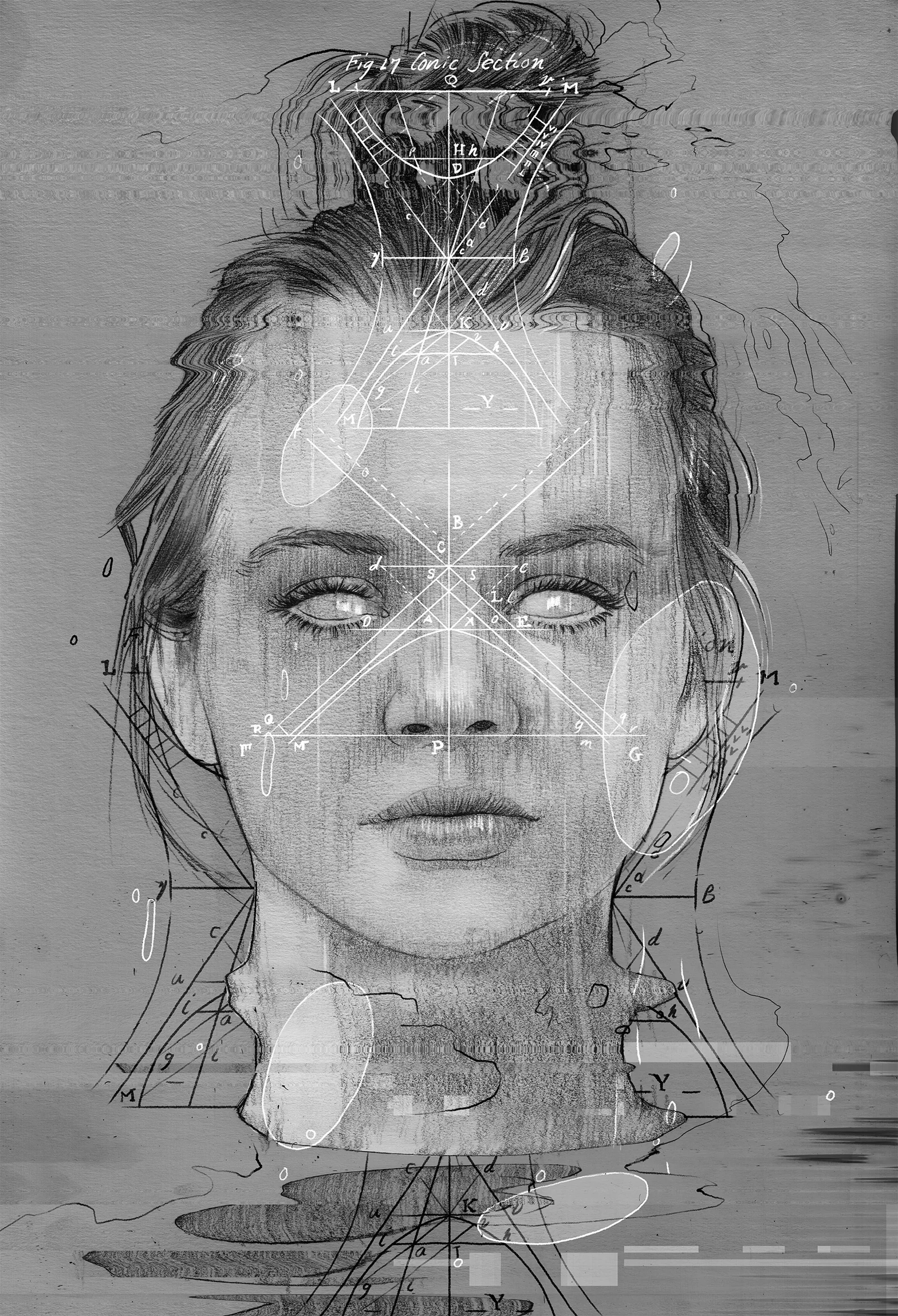 Black and white digital portrait with geometric and glitch effects