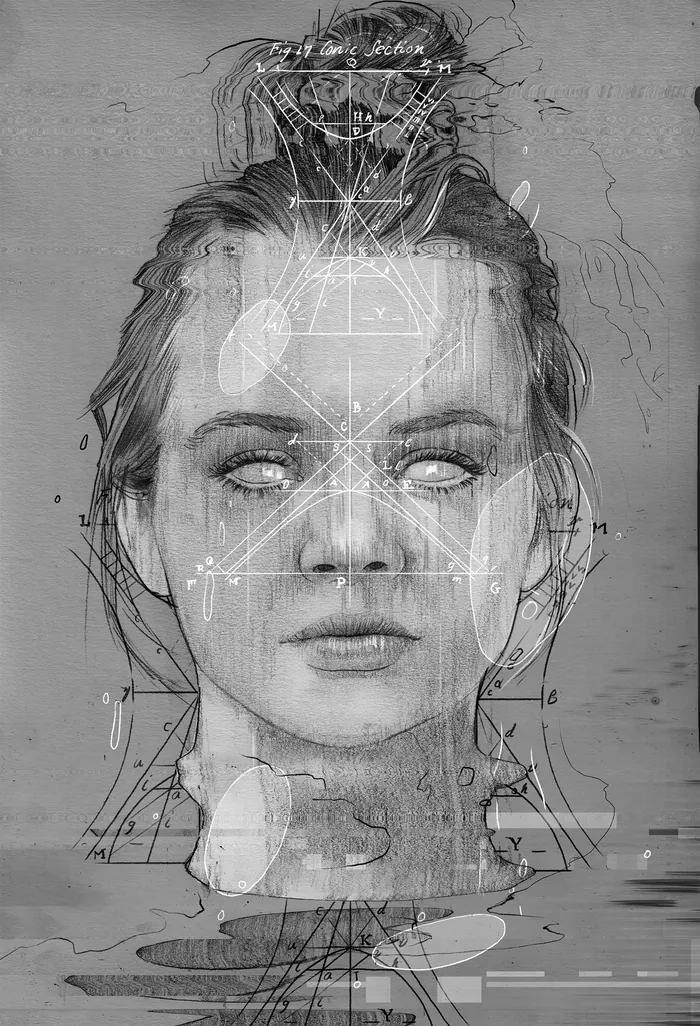 Black and white digital portrait with geometric and glitch effects