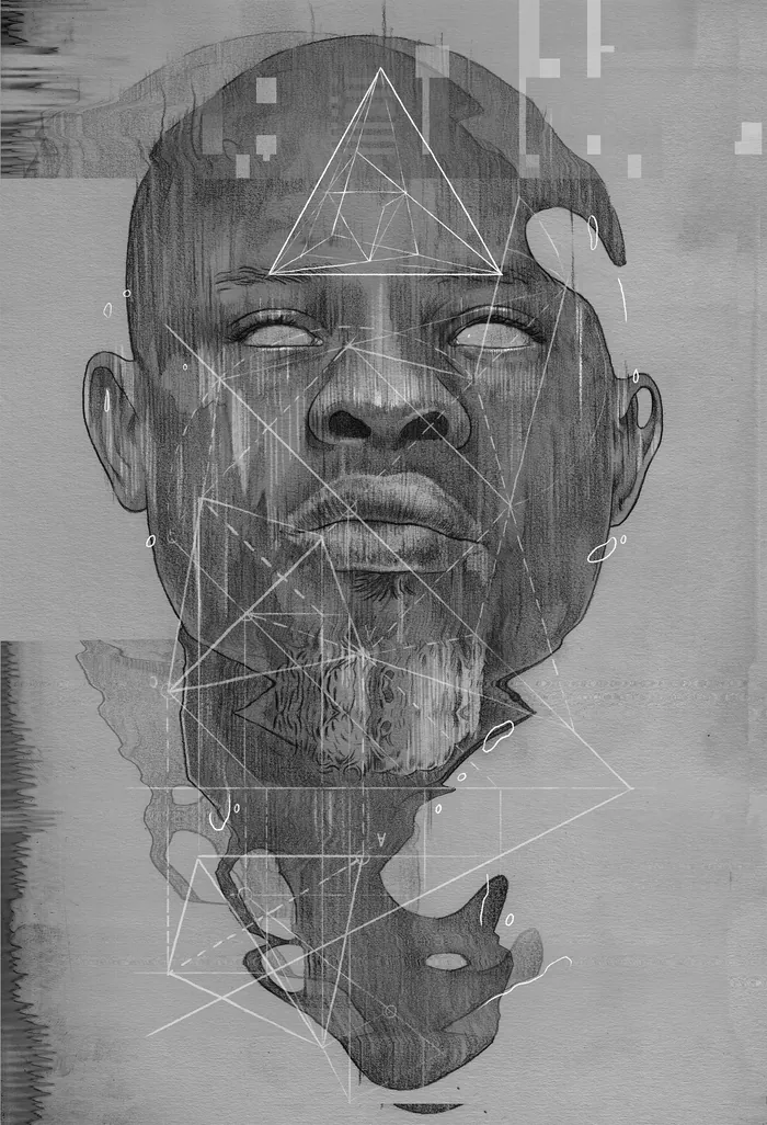 Digital portrait of a man with geometric glitch effects and pencil details