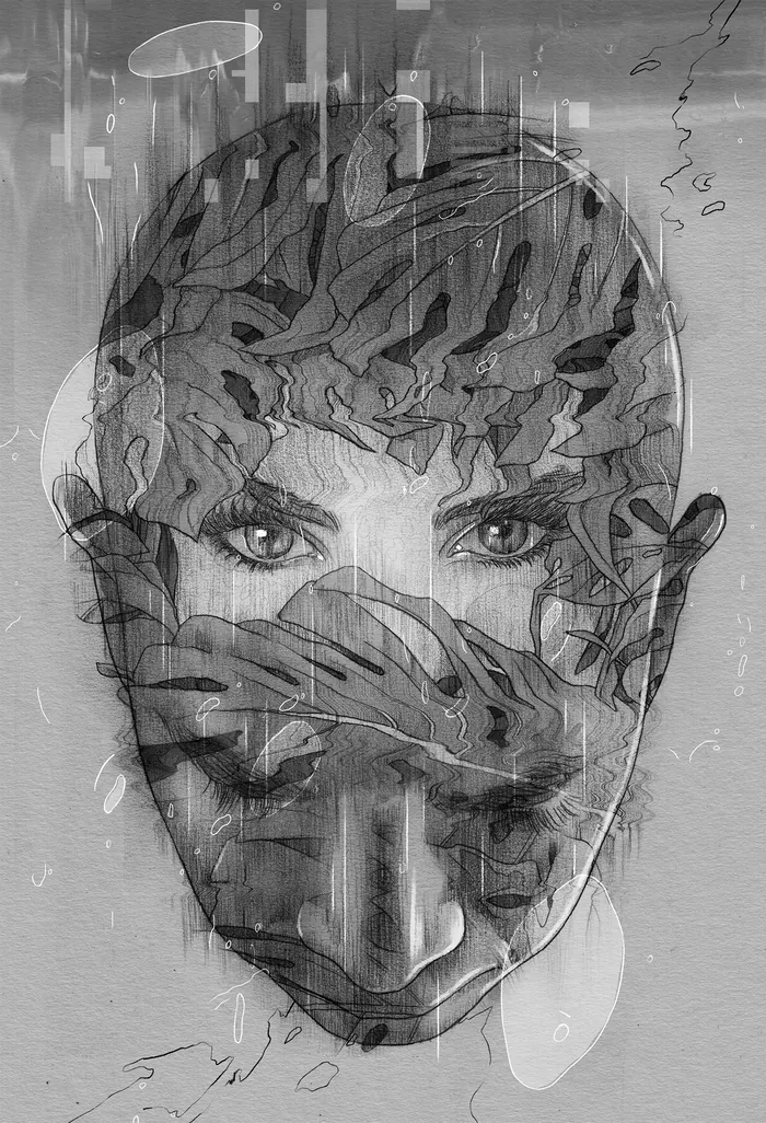 Digital illustration of a human face with glitch and pencil effects