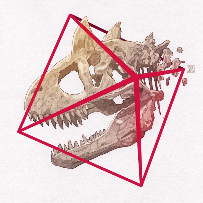 Watercolor paleontology art with red geometric elements