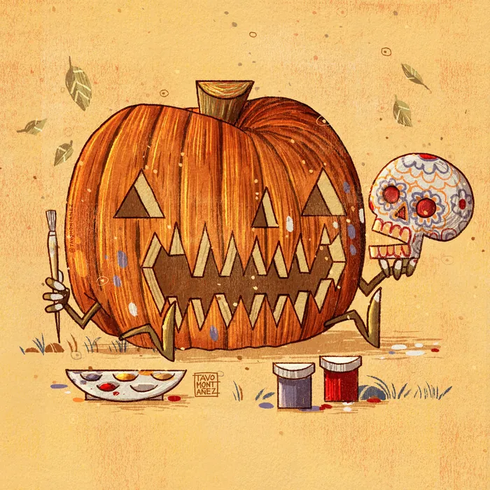 Halloween artwork featuring a skull and jack-o’-lantern