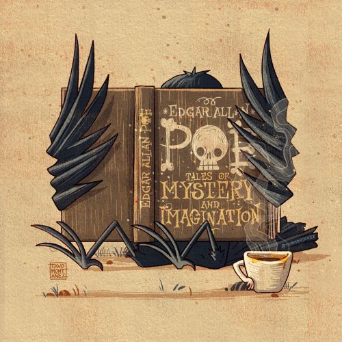 Gothic illustration of raven reading Edgar Allan Poe with coffee