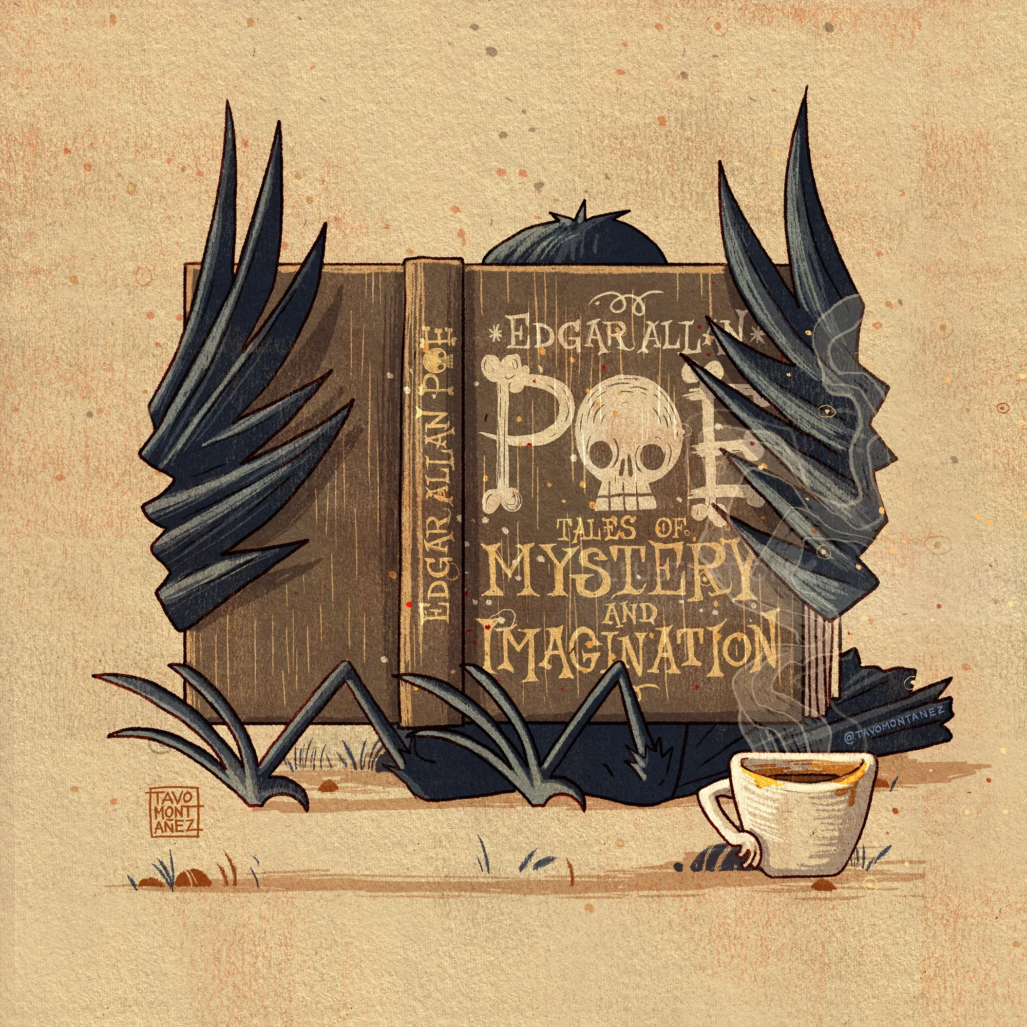 Gothic illustration of raven reading Edgar Allan Poe with coffee