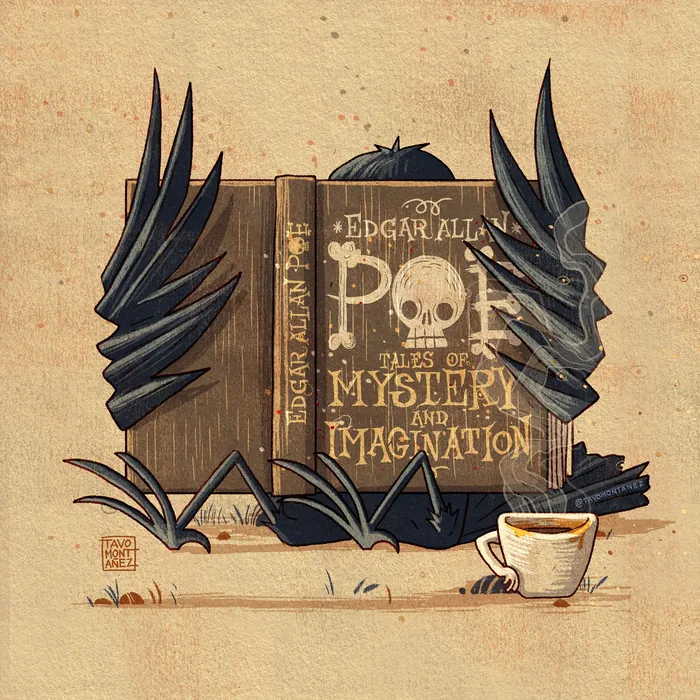 Gothic illustration of raven reading Edgar Allan Poe with coffee