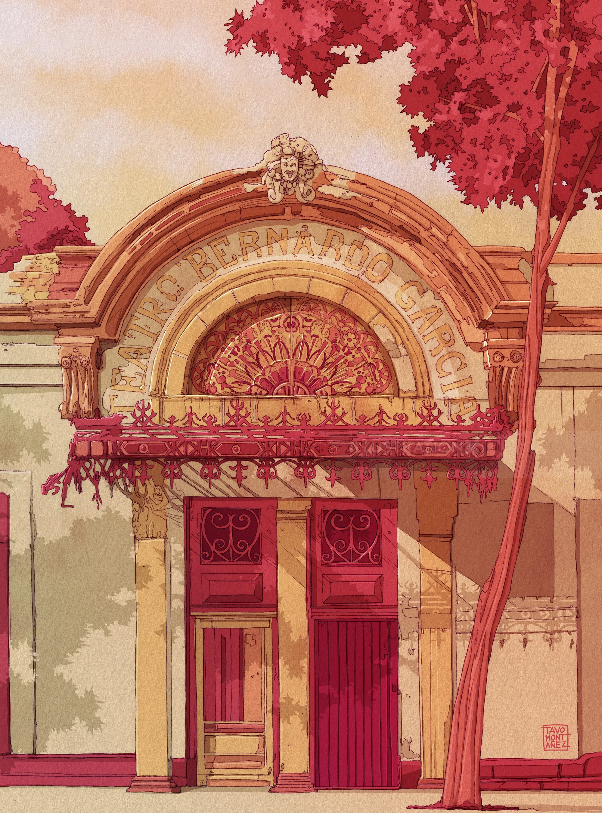 Red doorway with ornate arch and vibrant pink foliage