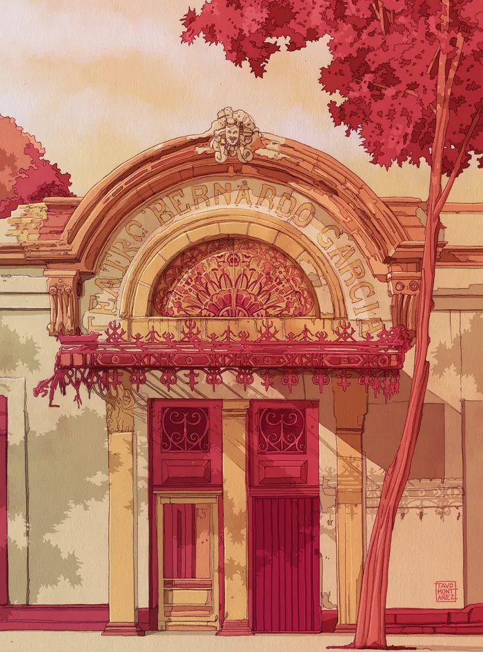 Red doorway with ornate arch and vibrant pink foliage